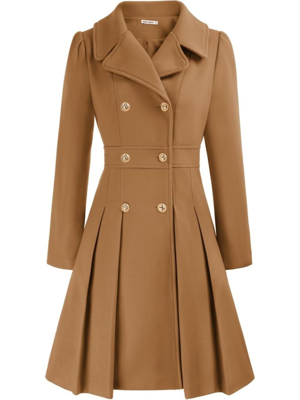 Women's Camel Fashion Notch Lapel Double Breasted Thick A Line Trench Coat